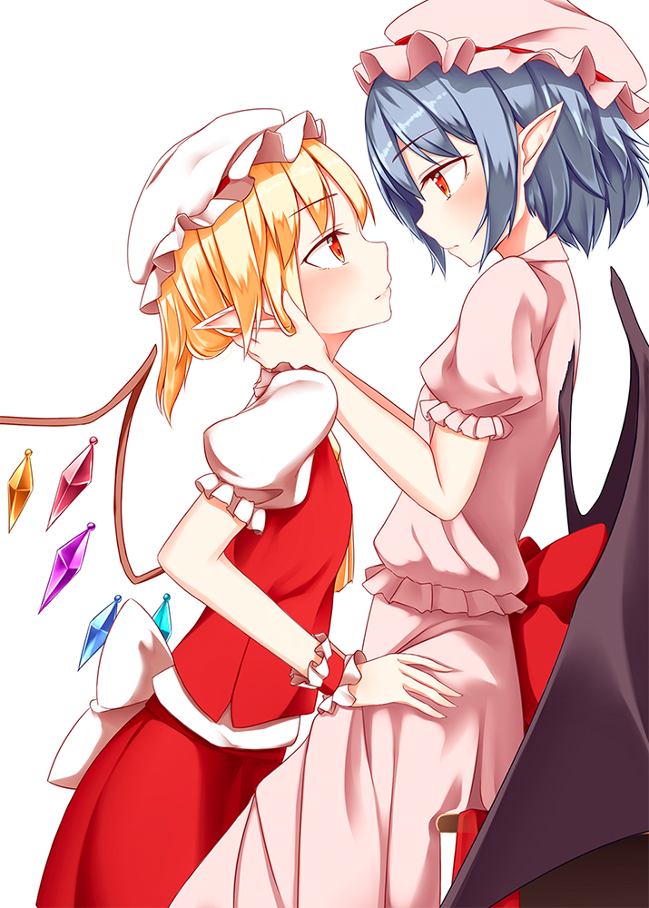 2girls, bat_wings, blonde_hair, blue_hair, blush, eye_contact, flandre_scarlet, from_side