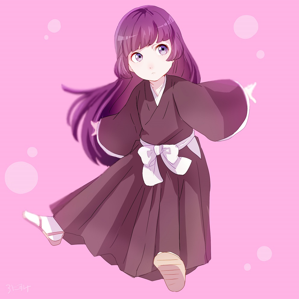 1girl, bleach, frown, japanese_clothes, kimono, long_hair, looking_at_viewer, nemuri_hachigou, purple_background, purple_hair, ronisuke, shinigami, signature, solo, violet_eyes