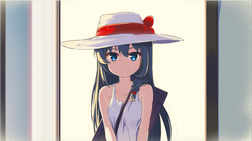 1girl, bangs, bare_arms, bare_shoulders, black_hair, blue_eyes, bow, closed_mouth
