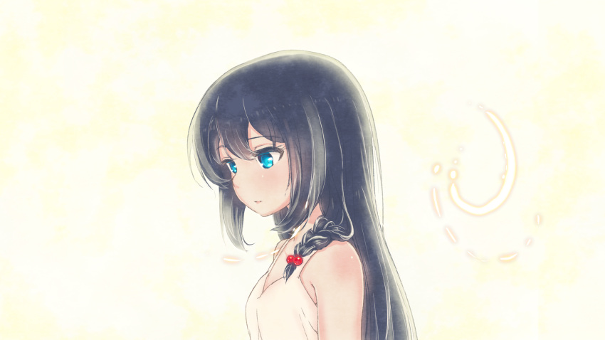 1girl, bangs, bare_arms, bare_shoulders, black_hair, blue_eyes, blush, dress, eyebrows_visible_through_hair, hair_bobbles, hair_ornament, hair_over_one_eye, highres, long_hair, mianbaoshi_mengxiang, original, parted_lips, pink_background, solo, sundress, white_dress