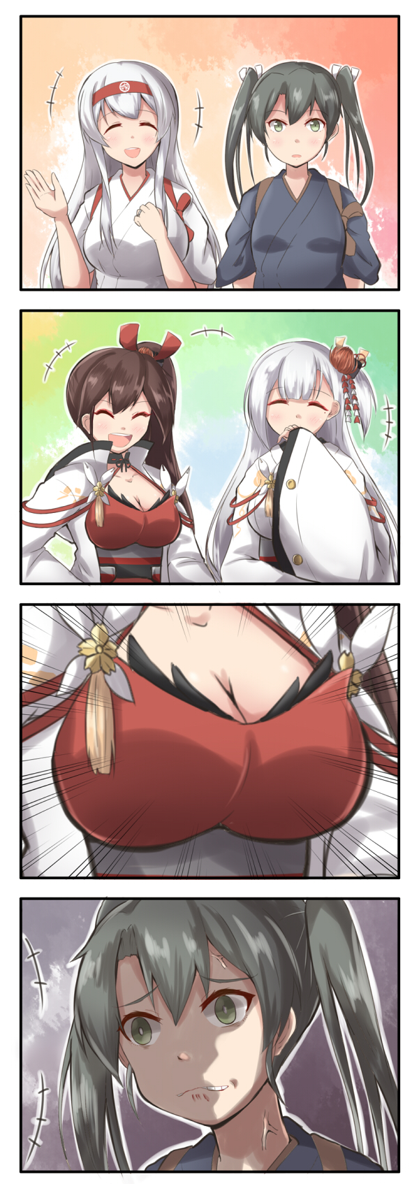 +++, 4girls, 4koma, ^_^, ^o^, azur_lane, biting, breast_envy
