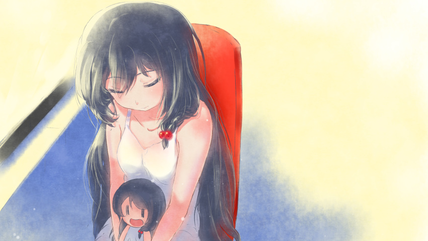 1girl, bare_arms, bare_shoulders, black_hair, character_doll, closed_eyes, closed_mouth, doll