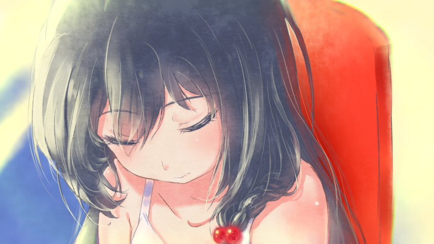 1girl, bare_shoulders, black_hair, blush, close-up, closed_eyes, closed_mouth, dress