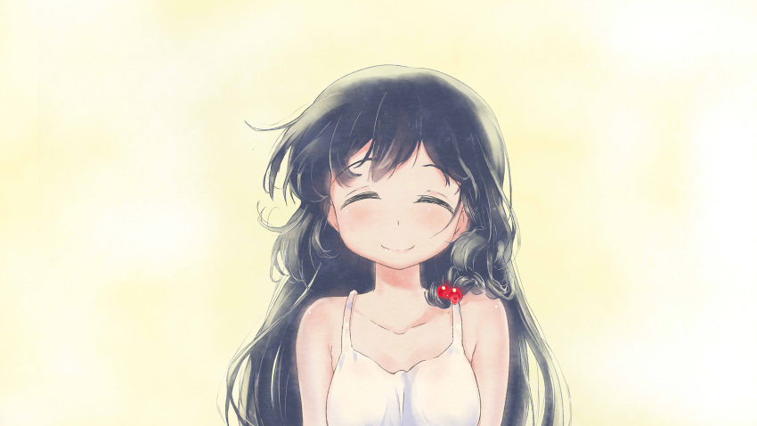 1girl, bangs, bare_arms, bare_shoulders, black_hair, blush, breasts, closed_eyes