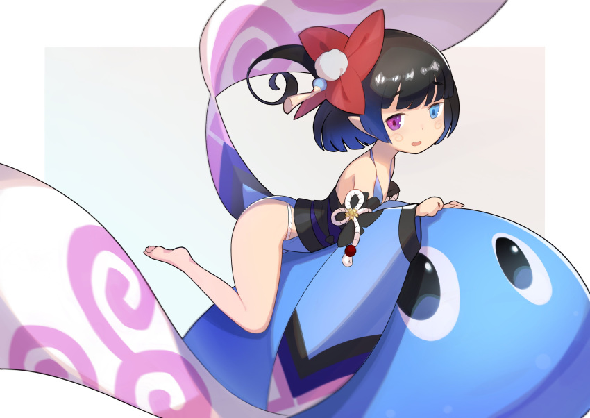 1girl, bangs, bare_legs, bare_shoulders, barefoot, black_bow, black_hair, blue_eyes