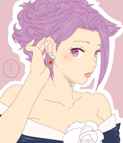 ..., 1girl, alternate_hair_length, alternate_hairstyle, bare_shoulders, blush, dress, earrings, eyelashes, hand_in_hair, image_sample, jewelry, jun'you_(kantai_collection), kantai_collection, karatachi_(mitoudon), lipstick, looking_at_viewer, lowres, makeup, purple_background, purple_hair, red_lipstick, short_hair, sketch, solo, speech_bubble, spiky_hair, ss_kashiwara_maru, strapless, strapless_dress, twitter_sample, wavy_hair