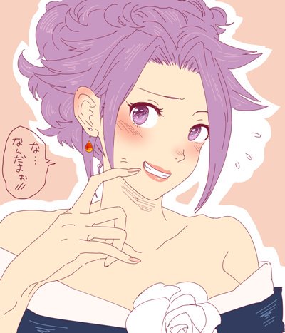 1girl, alternate_hair_length, alternate_hairstyle, bare_shoulders, blush, clenched_teeth, dress, earrings