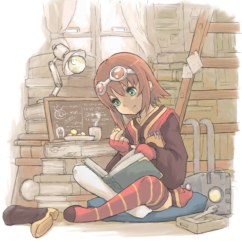 bad_id, bob_cut, book, brown_hair, eating, goggles, pota, rita_mordio
