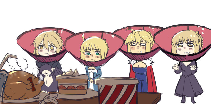 4girls, ahoge, artoria_pendragon_(all), artoria_pendragon_(lancer), artoria_pendragon_(lancer_alter), blonde_hair, breasts, cake