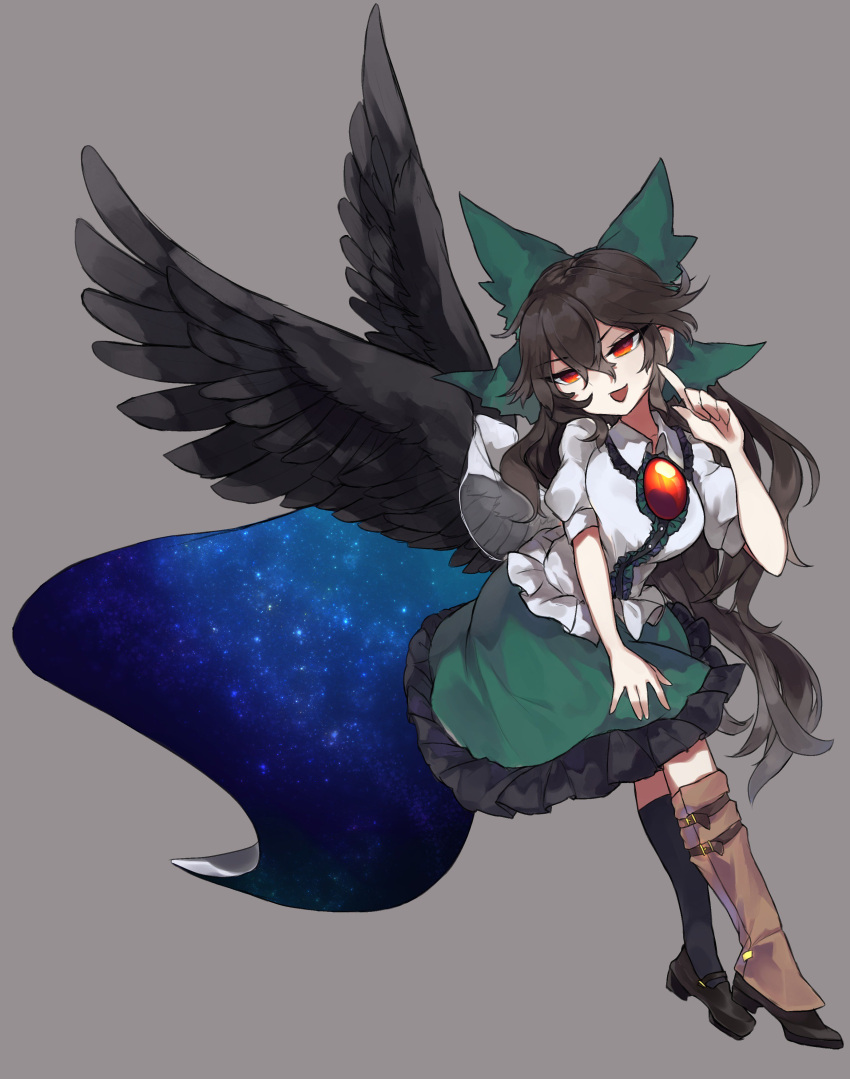 1girl, absurdres, bangs, black_footwear, black_legwear, black_wings, bow, breasts