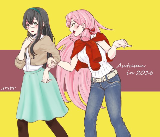 2016, 2girls, :o, akashi_(kantai_collection), black_hair, blue_eyes, blush, denim, glasses, green_eyes, hair_ribbon, hairband, jacket_on_shoulders, jeans, kantai_collection, karatachi_(mitoudon), long_hair, long_skirt, multiple_girls, ooyodo_(kantai_collection), pants, pantyhose, pink_hair, pointing, ribbed_sweater, ribbon, signature, skirt, striped, striped_background, sweater, sweater_vest, tress_ribbon, very_long_hair
