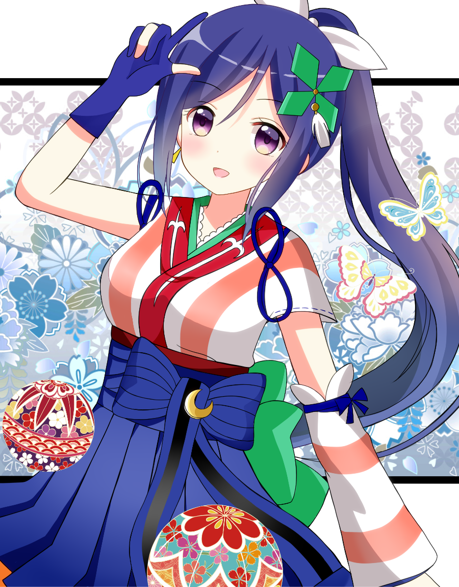 1girl, :d, blue_hair, blush, butterfly, crescent, detached_sleeves, gloves