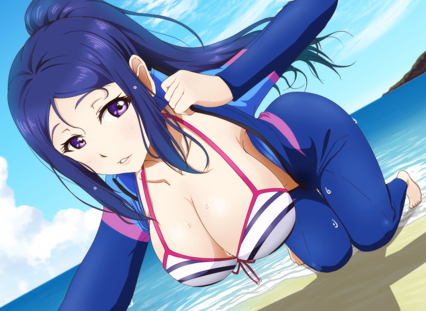 1girl, all_fours, barefoot, beach, breasts, cleavage, foreshortening, hanging_breasts