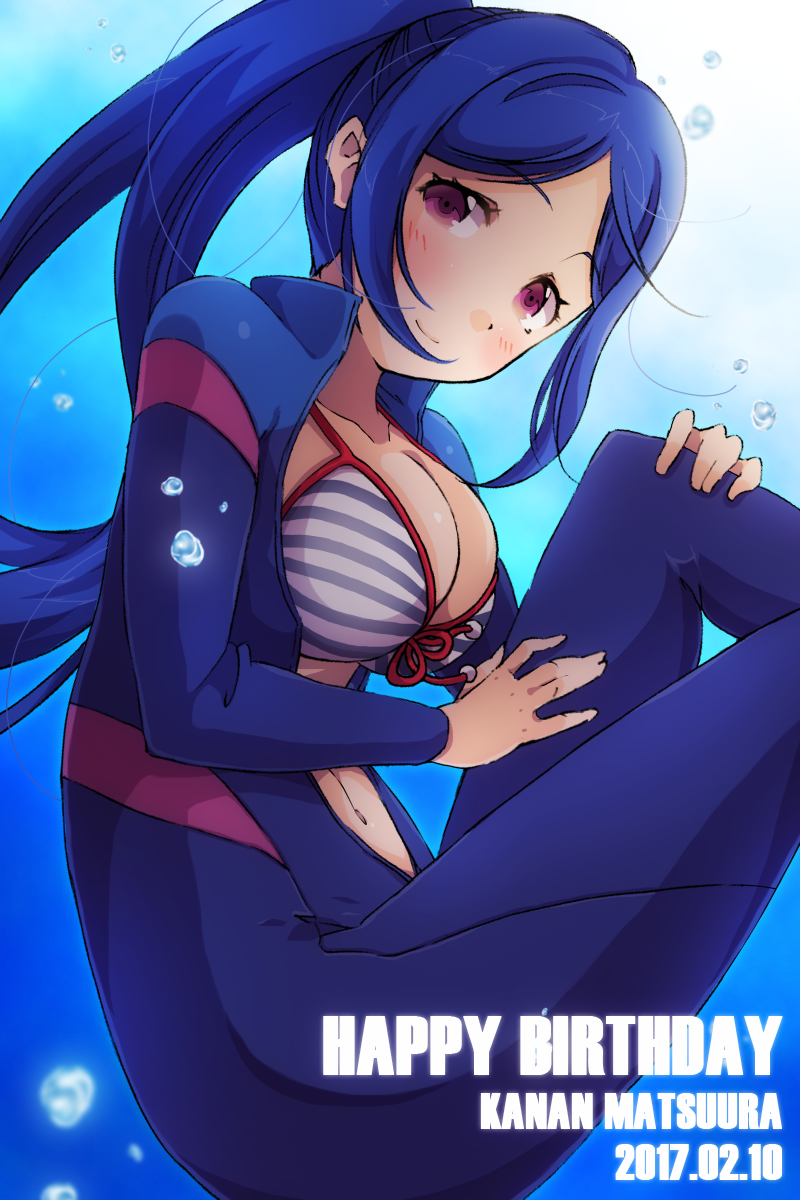 1girl, bikini, blue_hair, breasts, character_name, cleavage, dated, happy_birthday