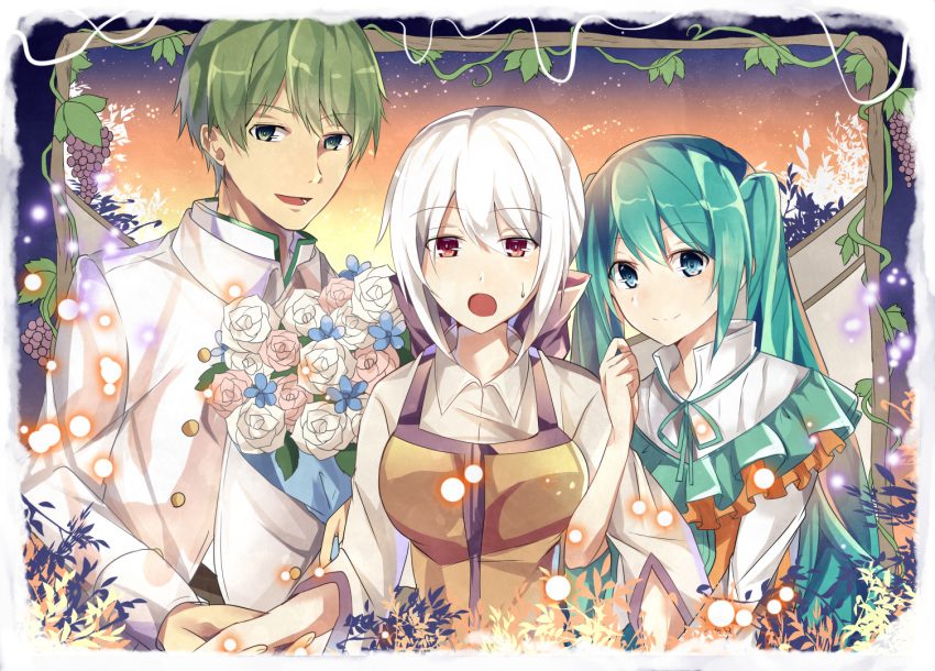 1boy, 2girls, :o, aqua_eyes, aqua_hair, ayn_(evillious_nendaiki), blush, bow, breasts, bucket, clarith, dusk, evillious_nendaiki, eyebrows_visible_through_hair, flower, food, formal, frilled_capelet, fruit, grapes, green_eyes, green_hair, hair_bow, hatsune_miku, hetero, holding_arm, large_breasts, leaf, light_particles, long_hair, love_triangle, michaela_(evillious_nendaiki), multiple_girls, nervous, open_mouth, plant, ponytail, red_eyes, rose, shiro_no_musume_(vocaloid), short_hair, smile, suit, sweatdrop, tareme, twilight, twintails, very_long_hair, vines, vocaloid, white_hair, white_suit, yowane_haku, yuken_52, yuri