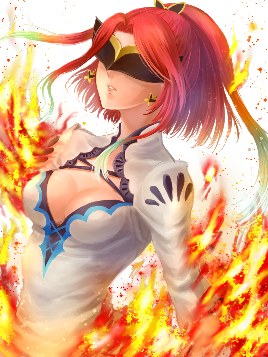 1girl, breasts, cleavage, earrings, fire, gradient_hair, green_hair, hanasaki_komugi