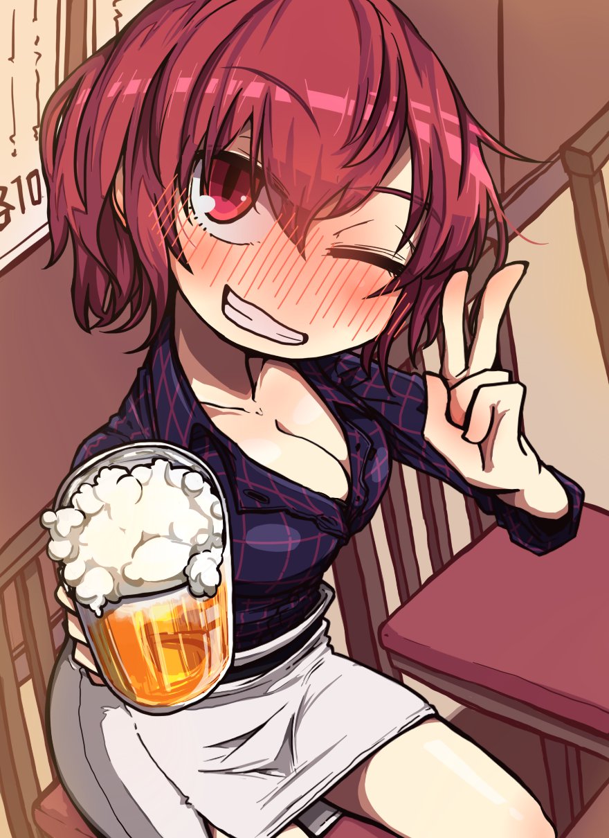 1girl, alcohol, awa_(bihidasu), bangs, beer, beer_mug, belt, black_shirt