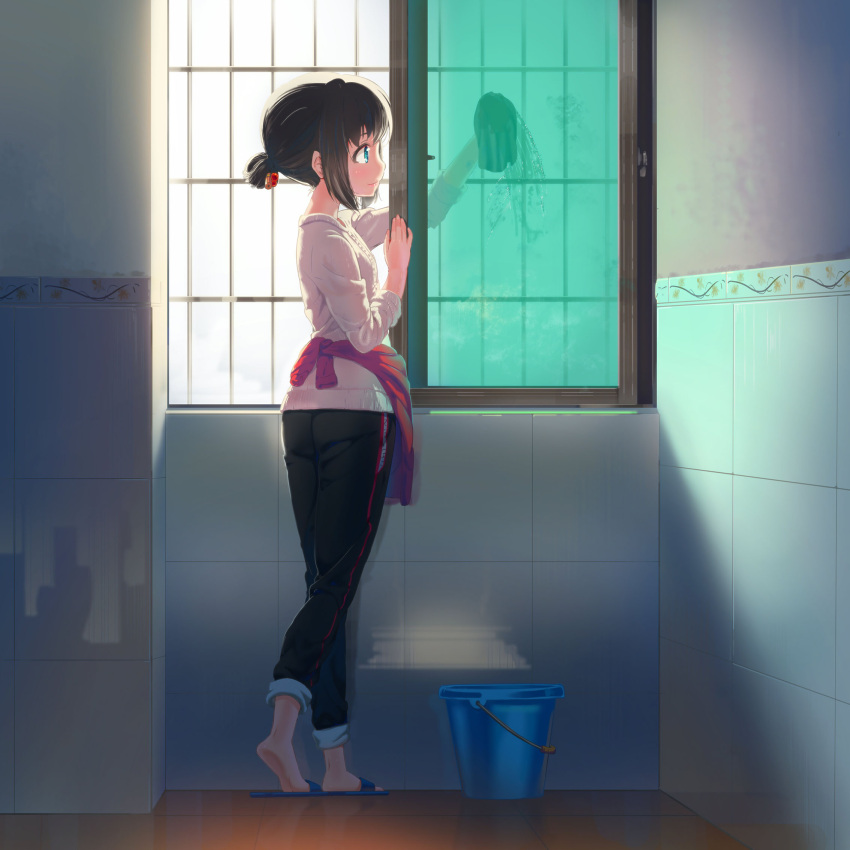 1girl, blue_eyes, blush, bucket, cardigan, closed_mouth, clothes_around_waist, day