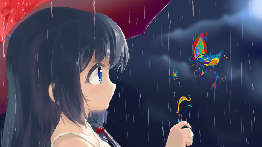 1girl, abstract, absurdres, bangs, black_hair, blue_eyes, blush, closed_mouth