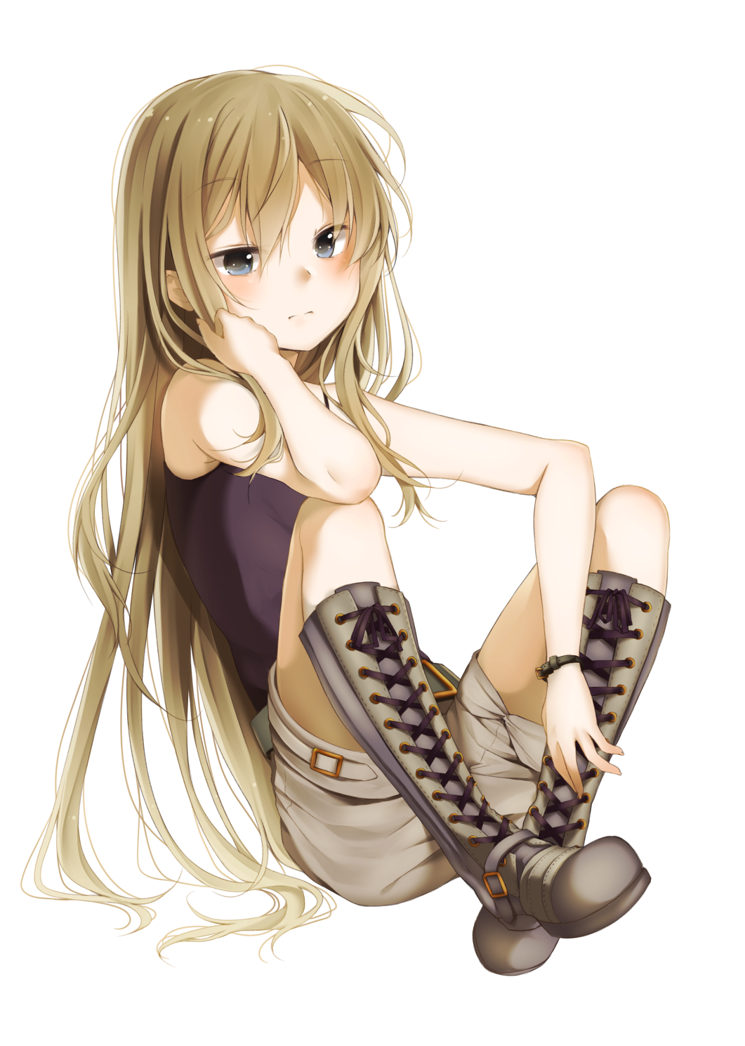1girl, belt, blonde_hair, blue_eyes, blush, boots, camisole, cross-laced_footwear