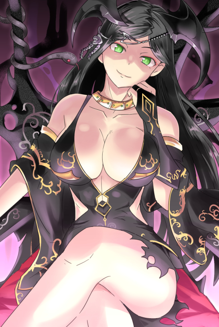 1girl, artemsia_(flower_knight_girl), black_dress, black_hair, breasts, bridal_gauntlets, cleavage, closed_mouth