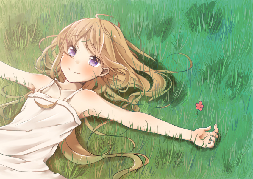 1girl, bare_shoulders, blonde_hair, blush, eyebrows_visible_through_hair, five-leaf_clover, grass, highres