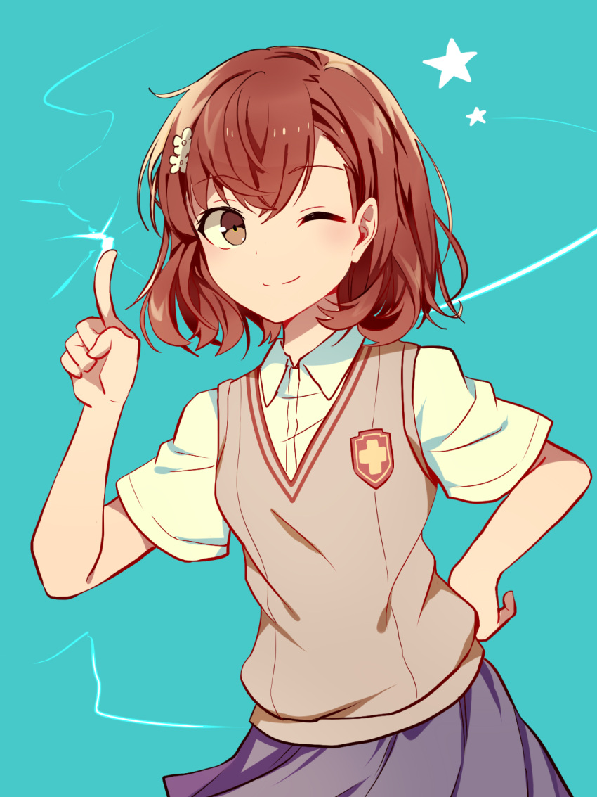 1girl, ;), aqua_background, bangs, biribiri, blush, brown_eyes, brown_hair