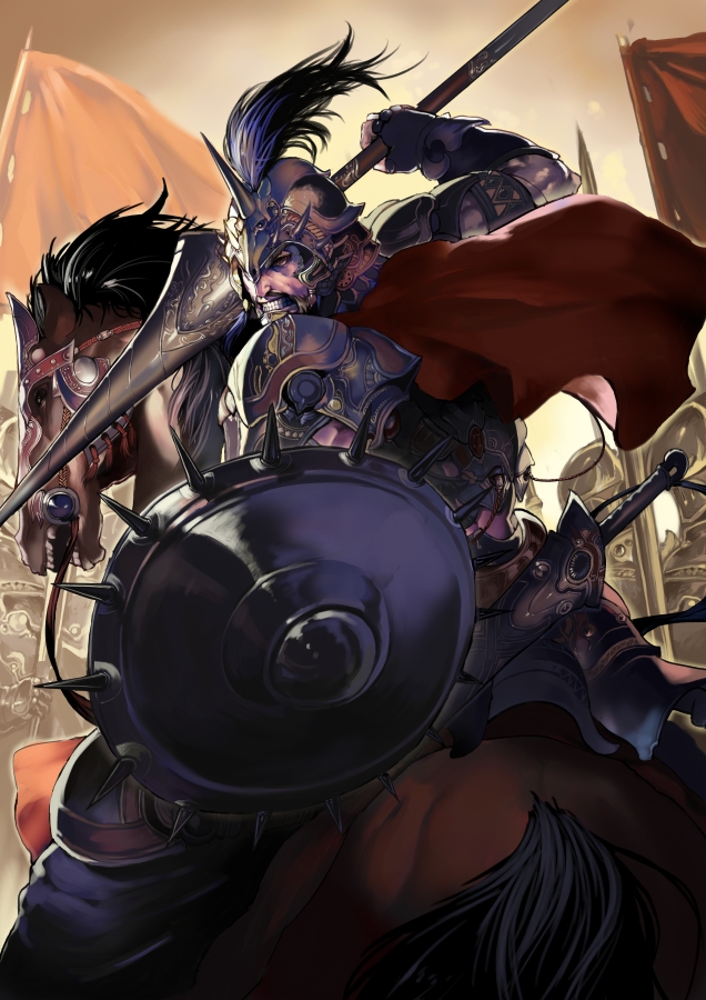 beard, cape, eel_(artist), facial_hair, fantasy, gauntlets, helmet, horn