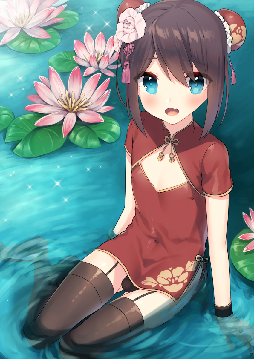 1boy, black_hair, black_legwear, black_panties, blue_eyes, blush, bulge, china_dress