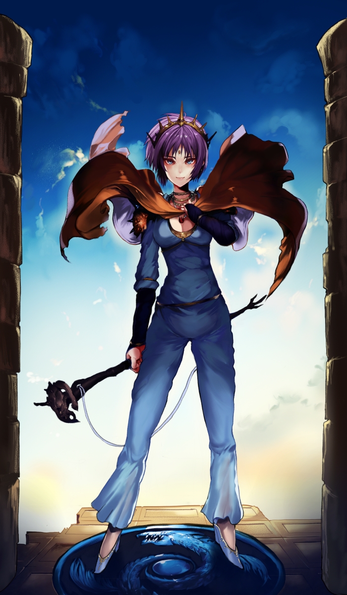 cape, circlet, eel_(artist), highres, purple_hair, samsara_naga, short_hair, staff
