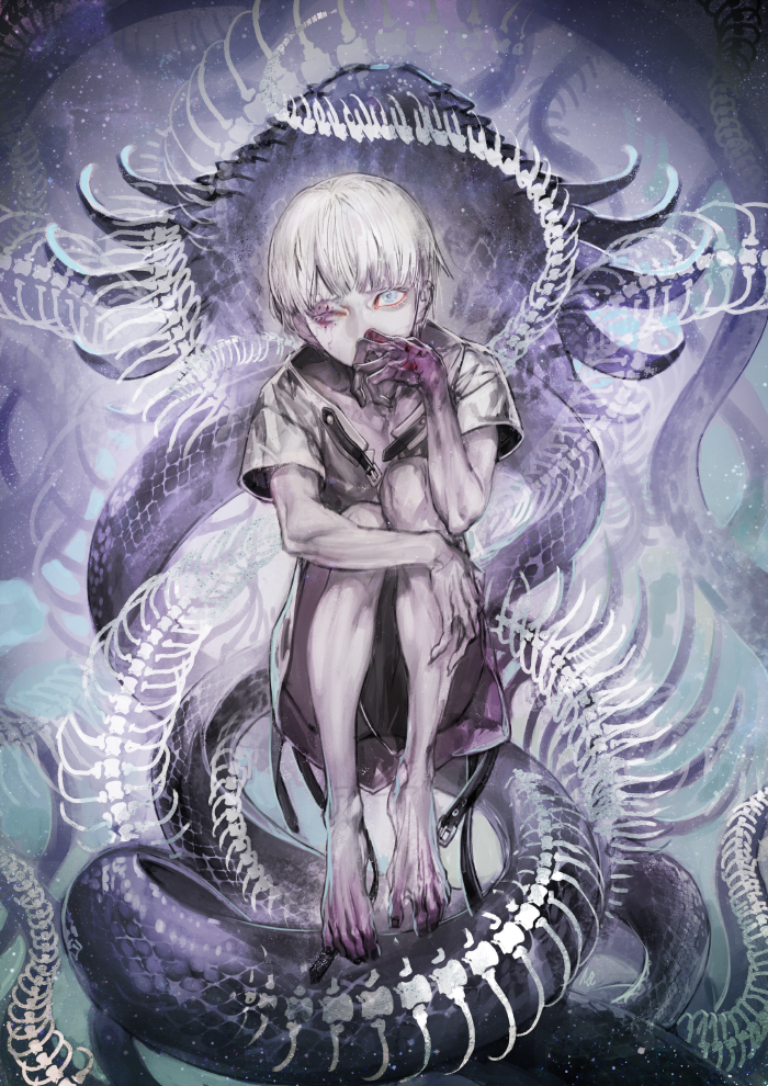 1boy, bangs, blue_eyes, blunt_bangs, claws, covering_mouth, creepy, fingernails