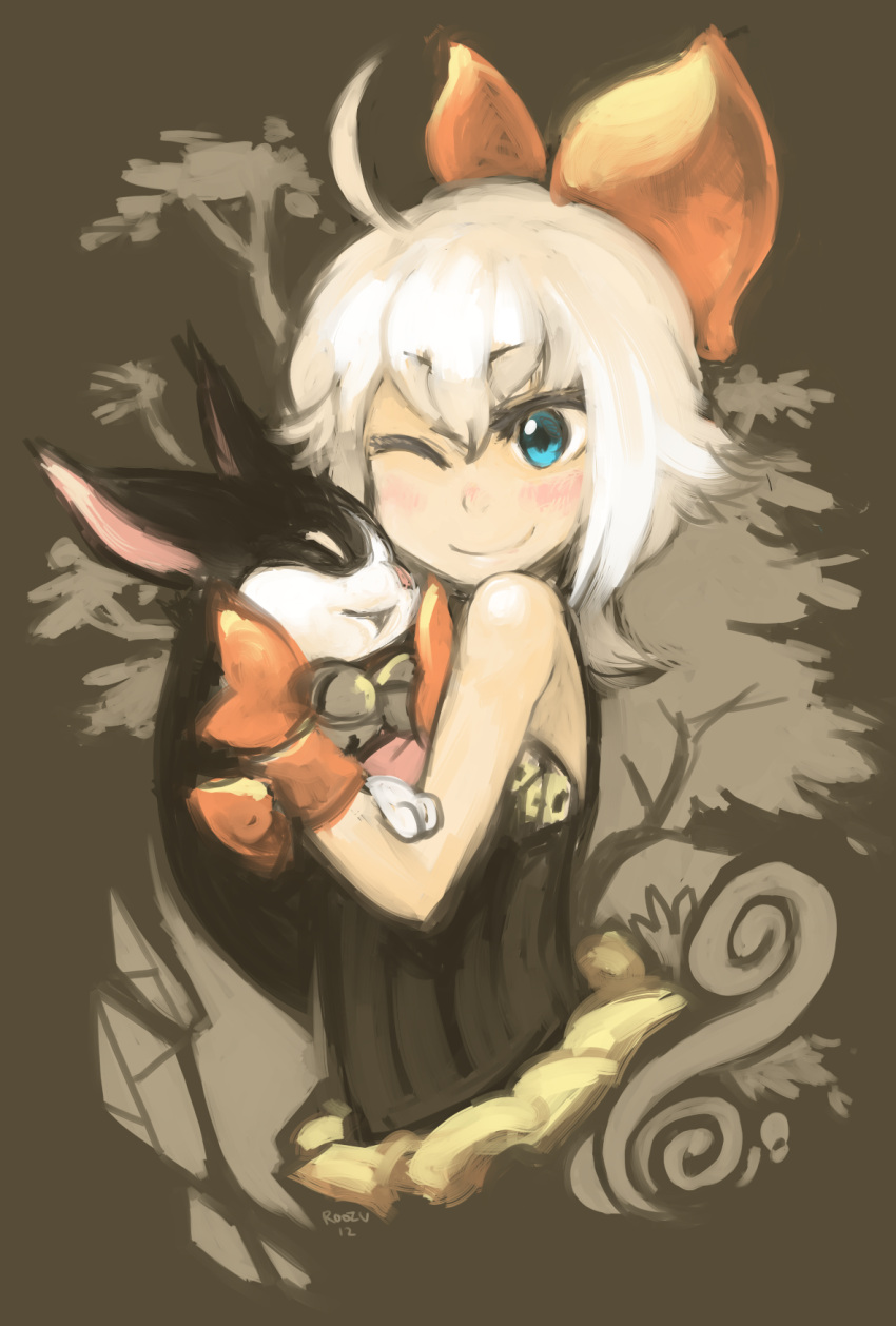 1girl, ;), ahoge, animal, artist_name, ascot, bangs, bare_shoulders