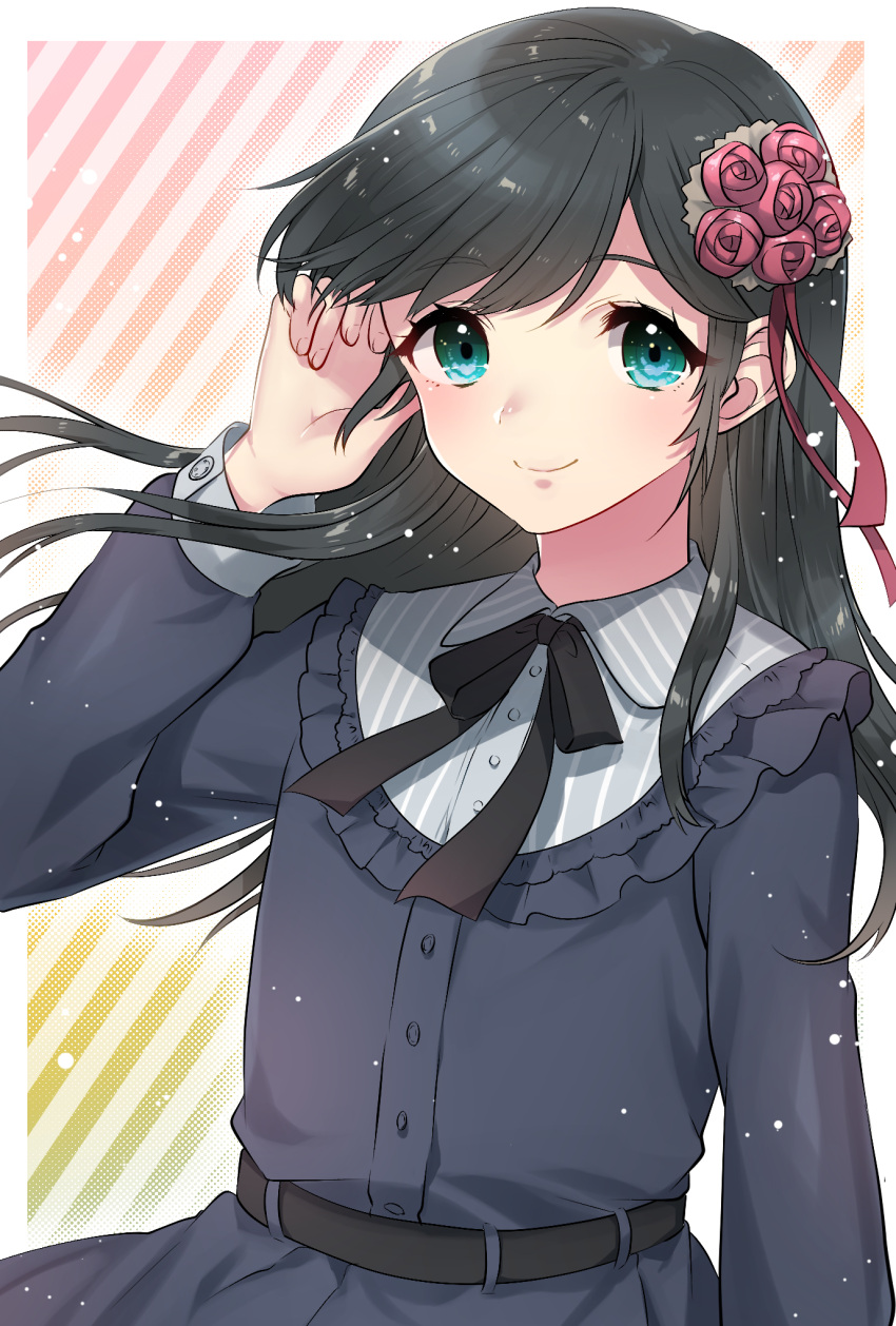 1boy, bangs, belt, black_dress, black_hair, black_ribbon, crossdressinging, dress