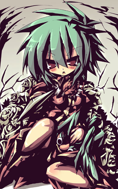 1girl, asellus_(saga_frontier), breasts, dangomushi, flower, green_hair, monster, red_turnip, rose, saga, saga_frontier, short_hair, sword, turnip, weapon