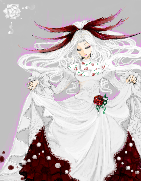 1girl, arufe, bow, breasts, dress, gina, hair_bow, long_hair, saga, saga_frontier, solo, white_hair