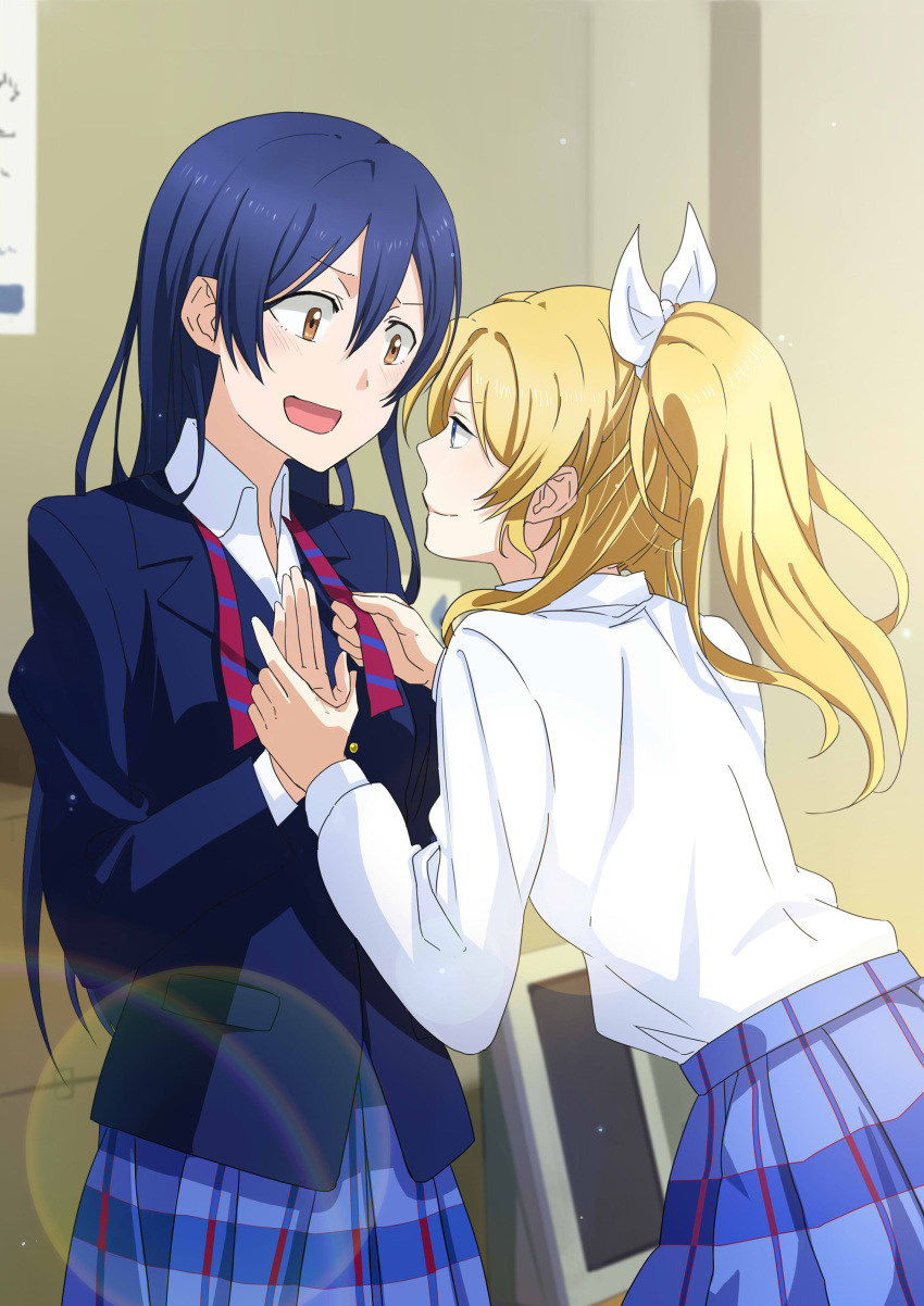 2girls, absurdres, ayase_eli, bangs, blonde_hair, blue_eyes, blue_hair, hair_between_eyes