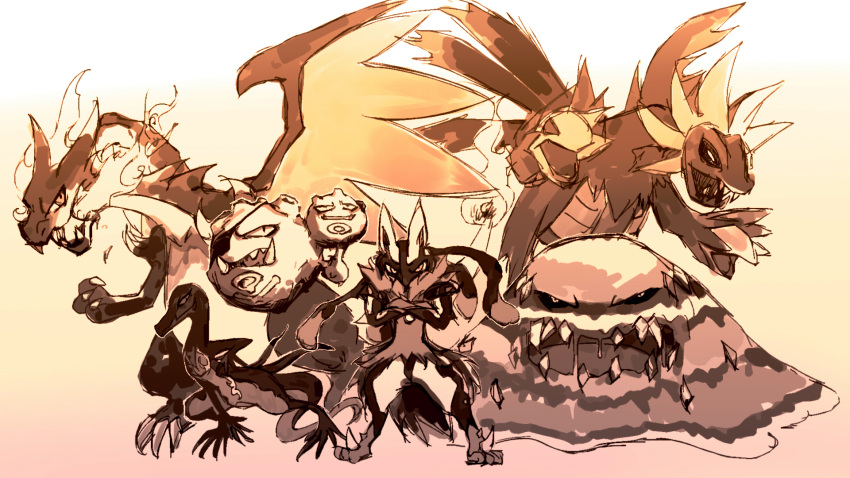 alolan_muk, black_sclera, charizard, dog, dragon, dragon_wings, eyepatch, fangs