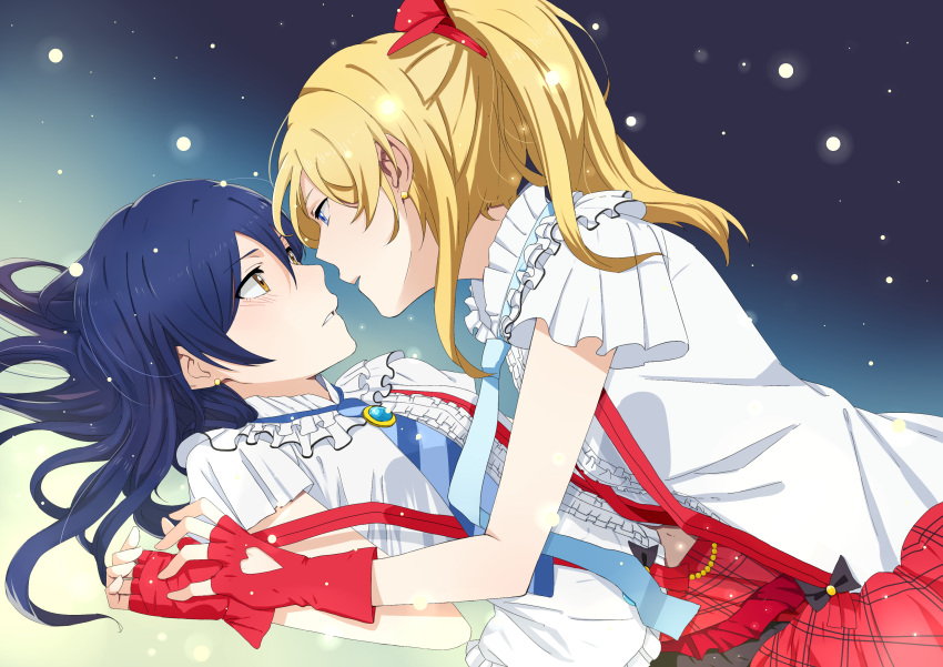 2girls, absurdres, ayase_eli, bangs, blonde_hair, blue_eyes, blue_hair, blush