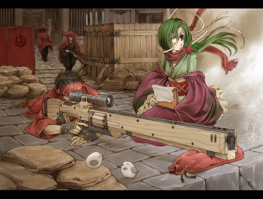 bandage, bandages, bird, cervus, green_hair, gun, letterboxed, on_stomach