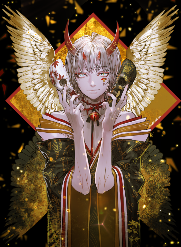 1boy, angel_wings, bangs, bare_shoulders, bell, black_wings, closed_mouth, facial_mark
