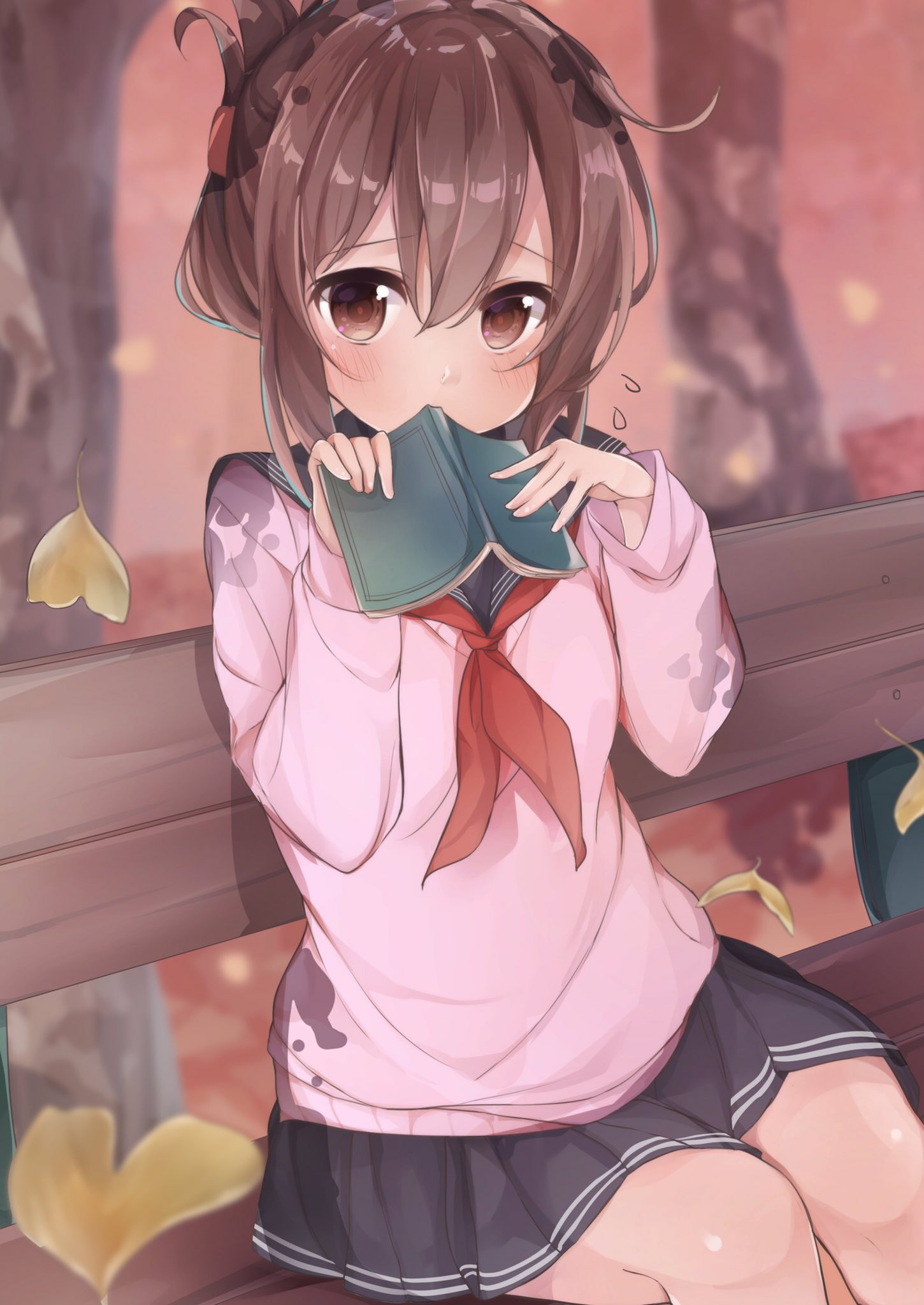 1girl, artist_request, bench, blush, book, brown_hair, falling_leaves, flying_sweat, folded_ponytail, highres, inazuma_(kantai_collection), kantai_collection, long_hair, neckerchief, park_bench, school_uniform, serafuku, skirt, solo