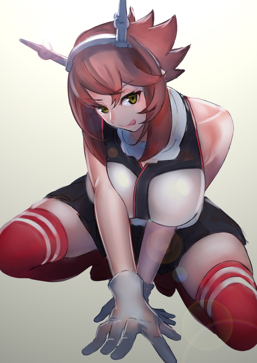 1girl, :q, absurdres, bare_shoulders, breasts, brown_hair, gloves, green_eyes