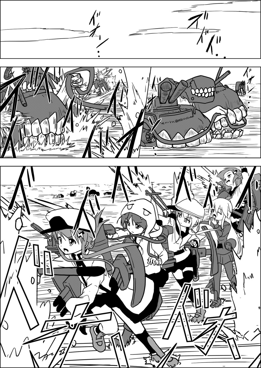 >:(, 5girls, :d, ;o, animal_hood, arm_up, bangs, belt
