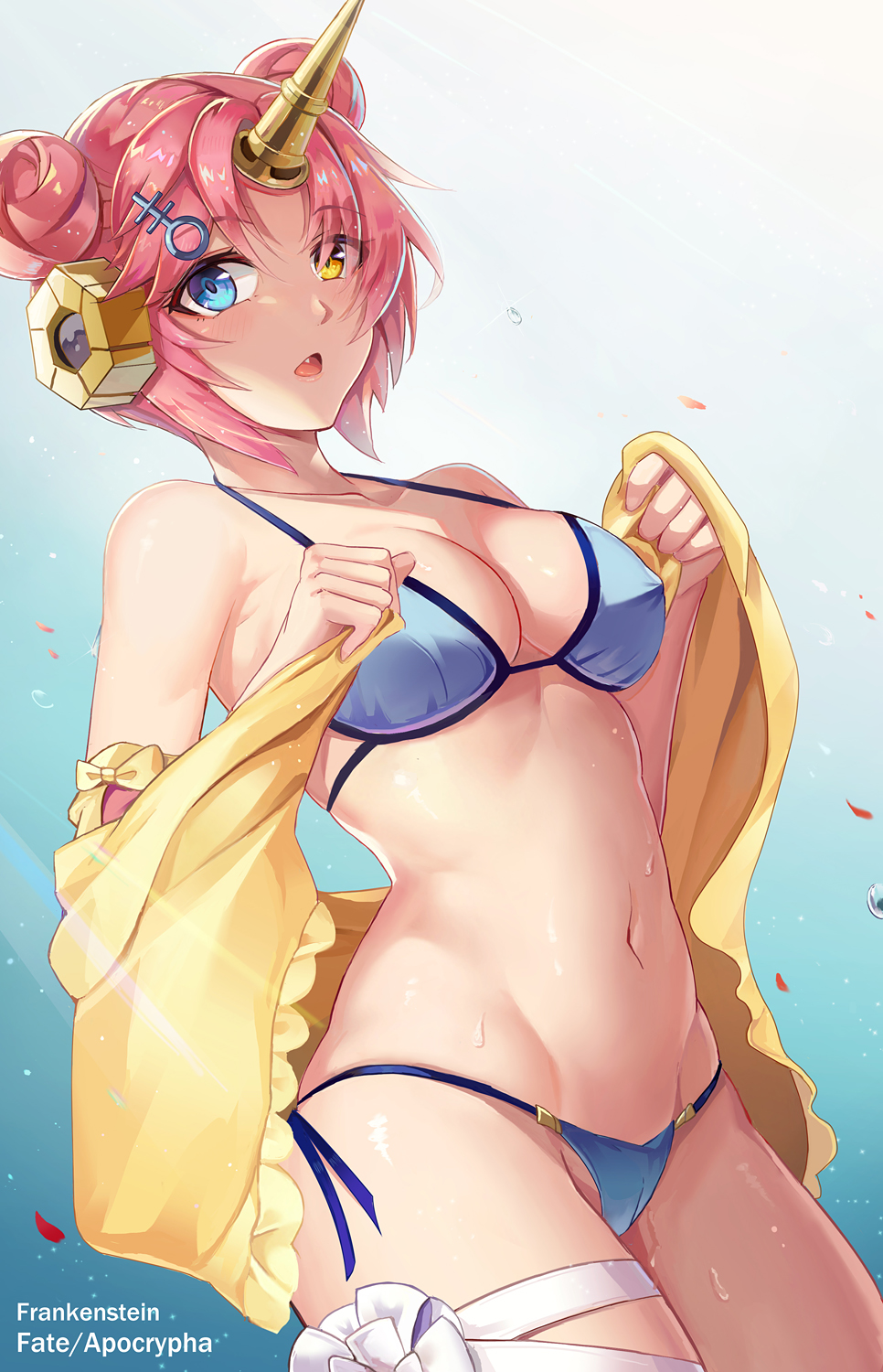 1girl, :o, bangs, bare_shoulders, berserker_of_black, bikini, blue_background, blue_bikini