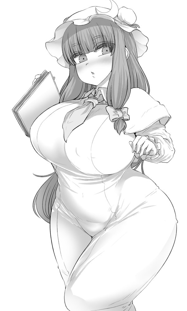 1girl, bangs, blunt_bangs, blush, book, bow, breasts, capelet, crescent, crescent_hair_ornament, curvy, eyebrows_visible_through_hair, ginku_mh, greyscale, hair_bow, hair_ornament, hat, huge_breasts, long_hair, long_sleeves, looking_at_viewer, mob_cap, monochrome, necktie, parted_lips, patchouli_knowledge, plump, simple_background, solo, standing, thick_thighs, thighs, touhou, white_background, wide_hips, wing_collar
