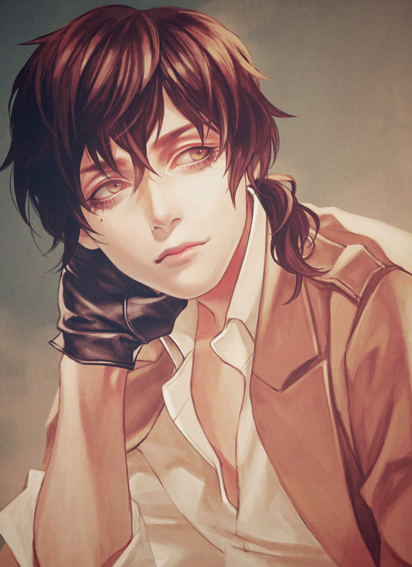 1boy, axis_powers_hetalia, black_gloves, brown_hair, closed_mouth, commentary_request, gloves, hair_between_eyes, highres, jacket_on_shoulders, looking_away, looking_to_the_side, male_focus, mole, mole_under_eye, murasaki_(fioletovyy), ponytail, portugal_(hetalia), shirt, sleeves_rolled_up, solo, white_shirt, yellow_eyes