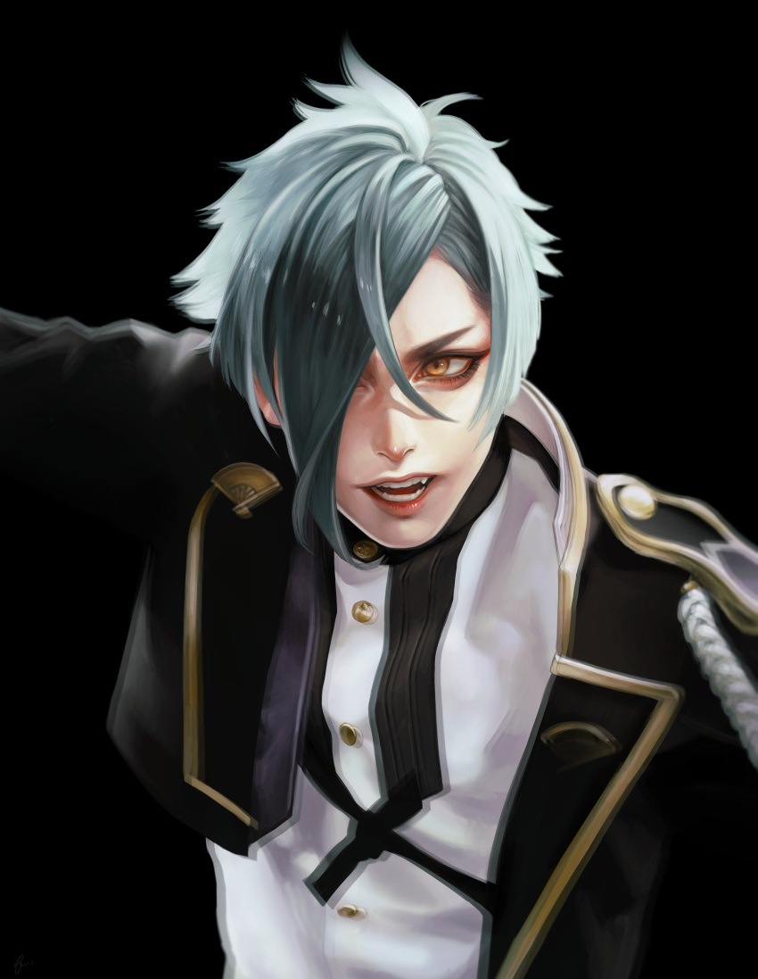 1boy, absurdres, asymmetrical_hair, black_background, buttons, copyright_request, fangs, hair_between_eyes