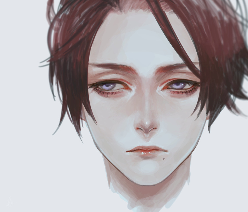 1boy, brown_hair, closed_mouth, commentary_request, copyright_request, grey_background, half-closed_eyes, looking_away, looking_to_the_side, male_focus, mole, mole_under_mouth, murasaki_(fioletovyy), portrait, solo, violet_eyes