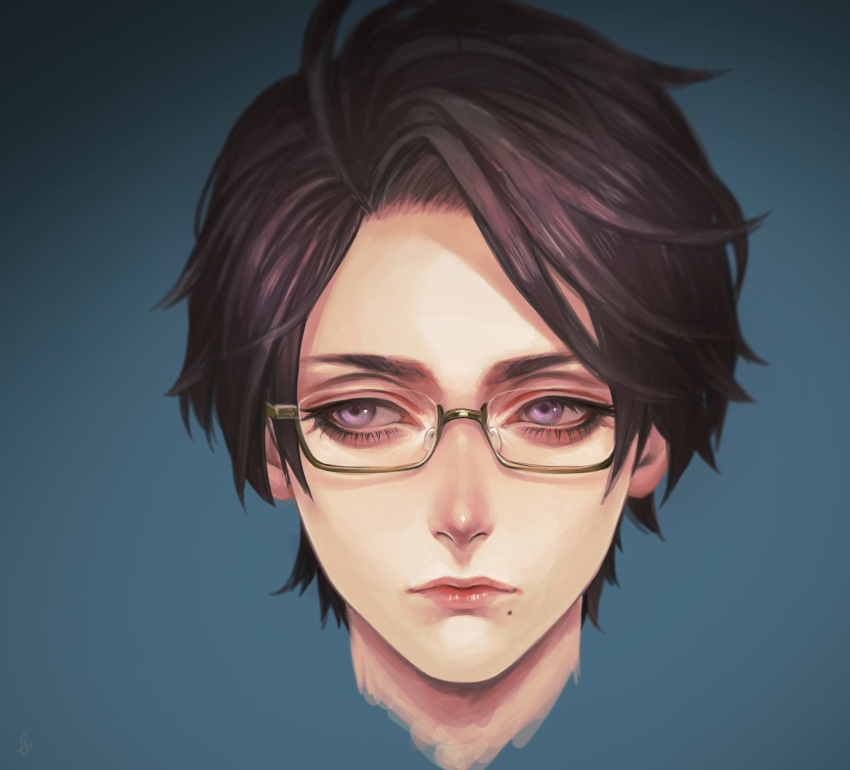 1boy, blue_background, brown_hair, closed_mouth, commentary_request, copyright_request, glasses, half-closed_eyes
