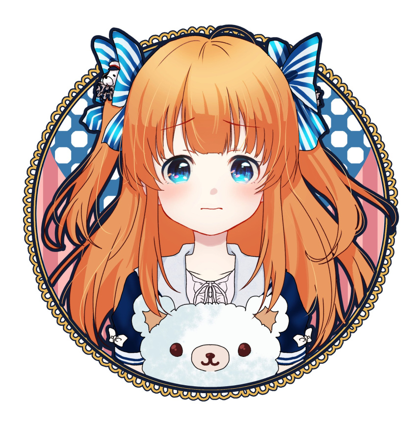 1girl, blue_eyes, blue_shirt, blush, bow, brown_hair, center_frills, closed_mouth